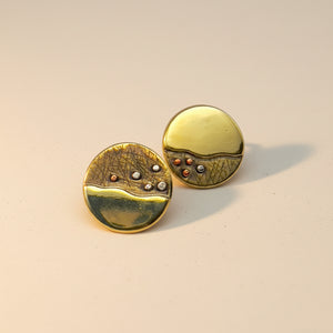Pair of gold earrings on a beige background