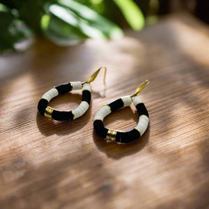 Black and White Vinyl and Brass Hoop Earrings
