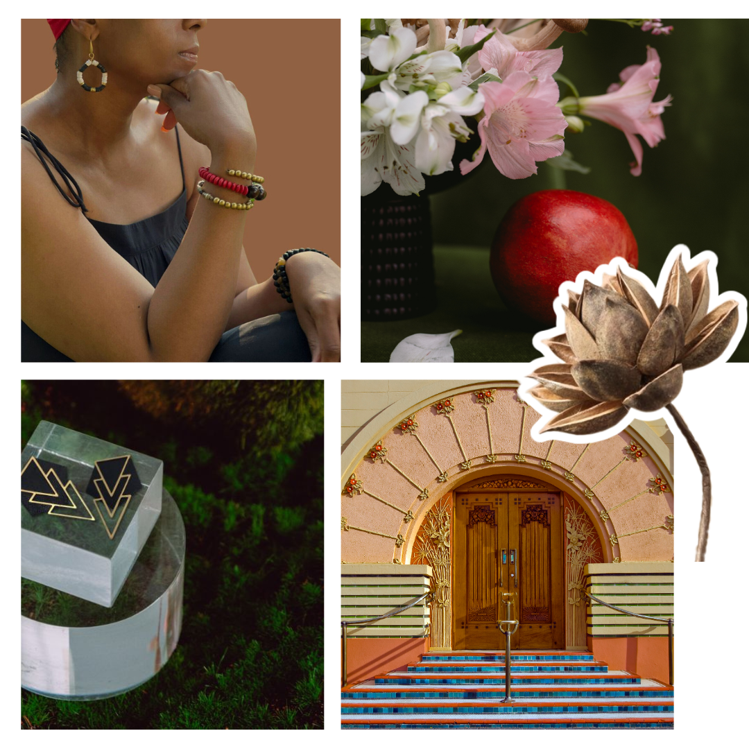 A visual moodboard of jewelry, florals, and architecture.