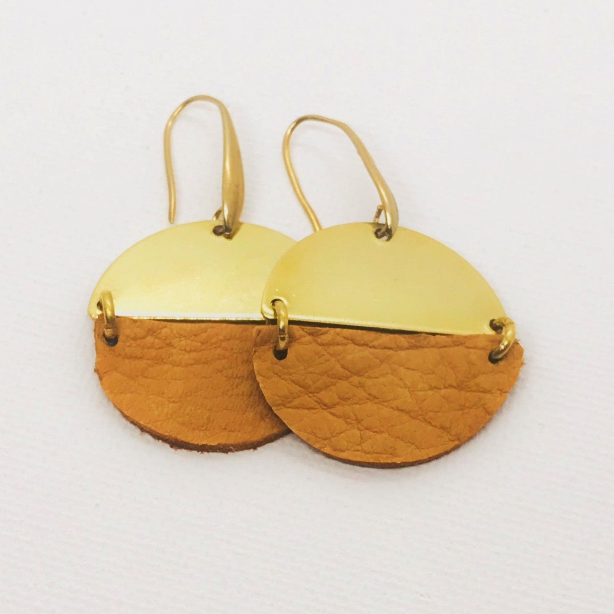 Leather and Brass Circle Earrings