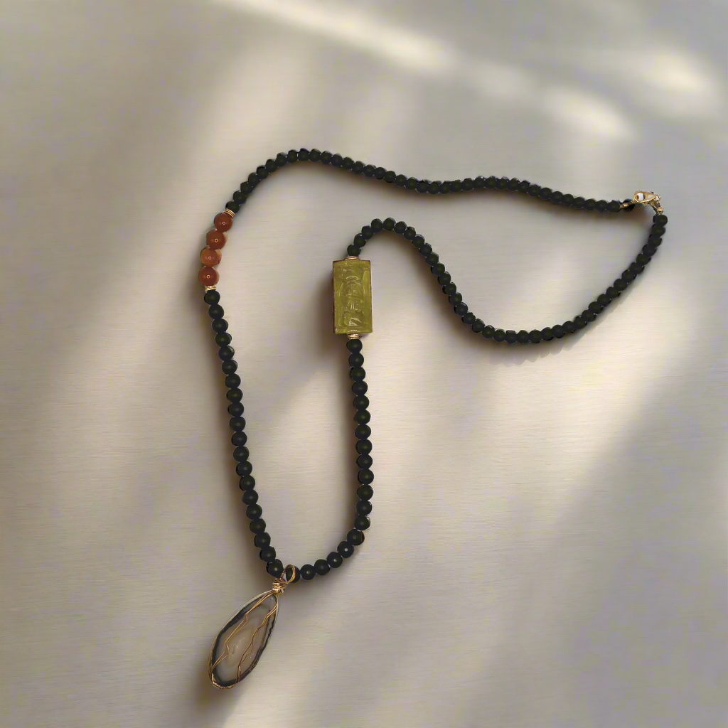 Black Onyx Beads Necklace with Dark Agate Pendent