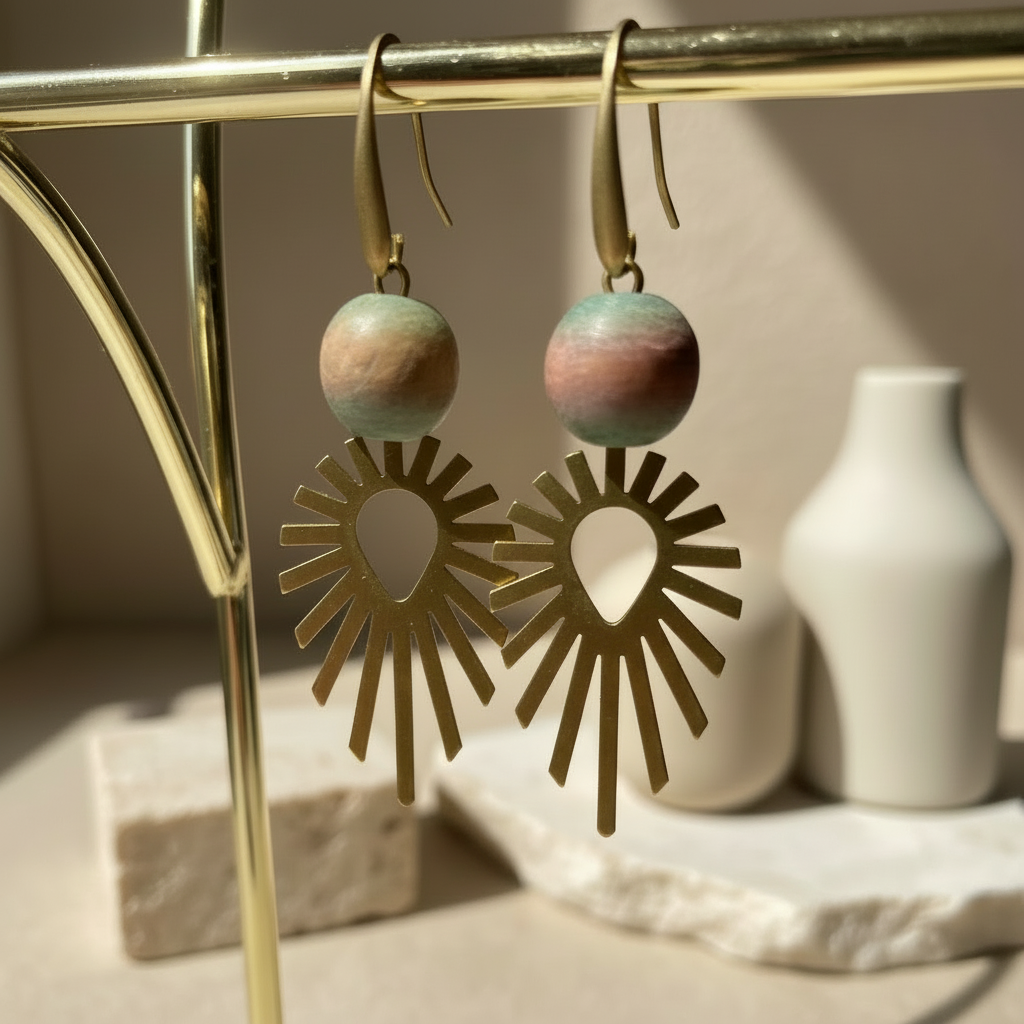 Decorative gold sunburst object on a blurred background