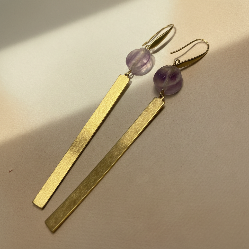 Natural Amethyst Quartz Earrings in Brass