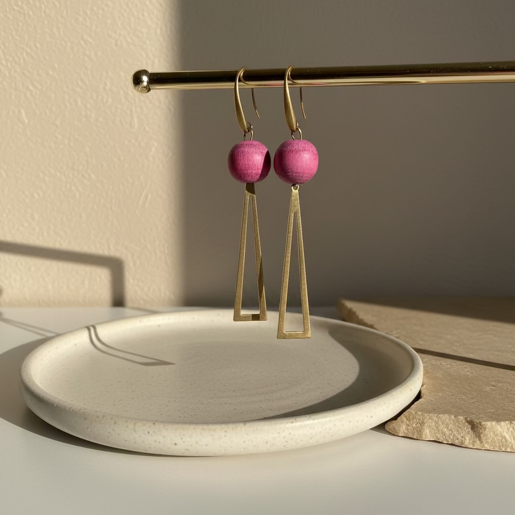 Pink earrings on a stand with a blurred indoor background