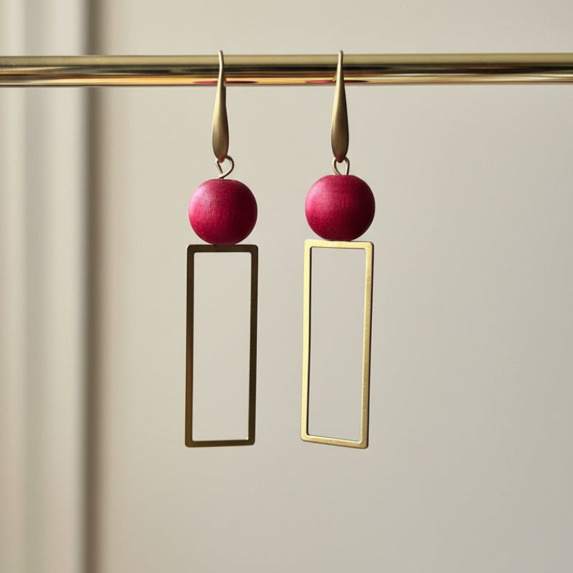 Fuchsia Bead Brass Rectangle Dangle Earrings