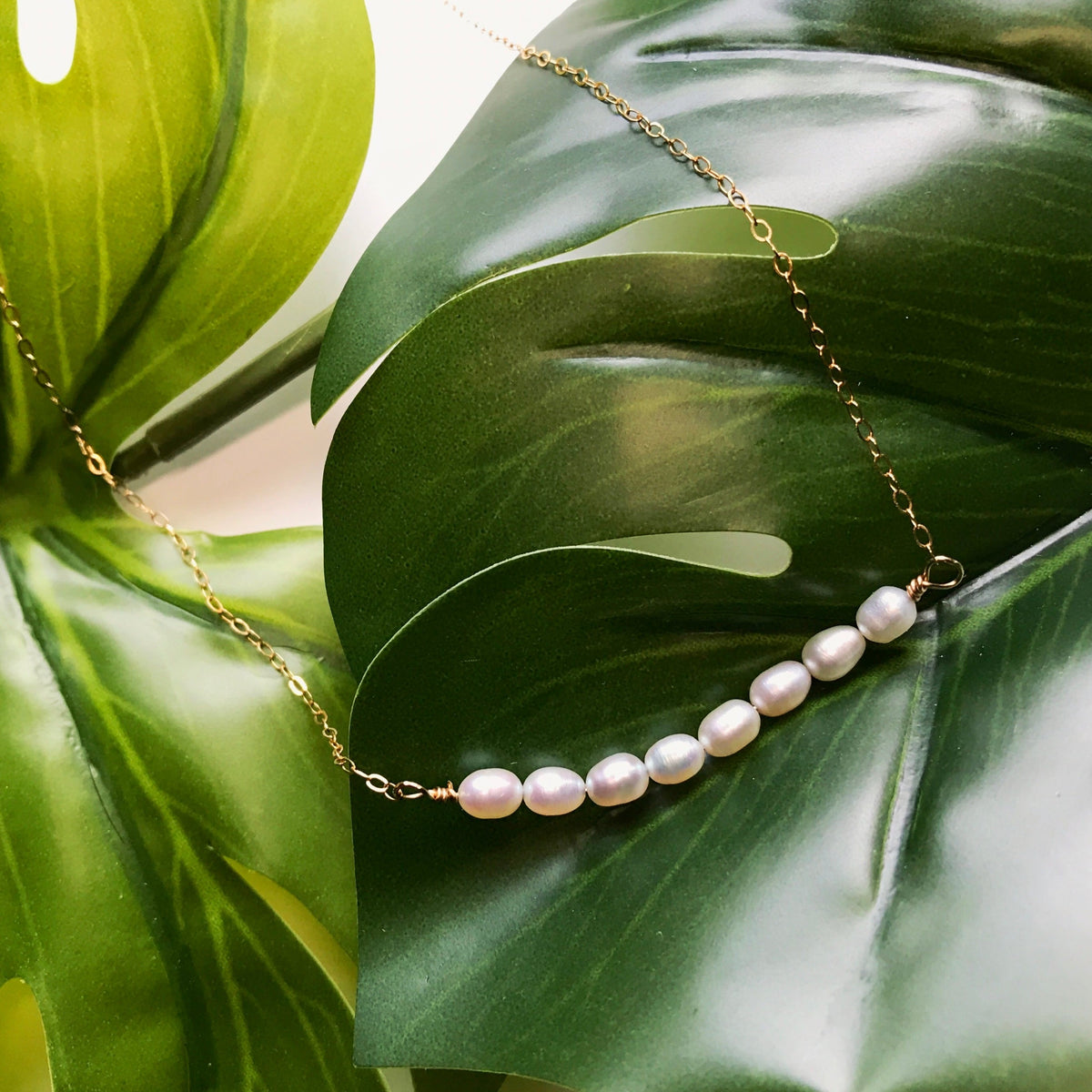 Simple Pearl Bar and Gold Filled Chain Necklace