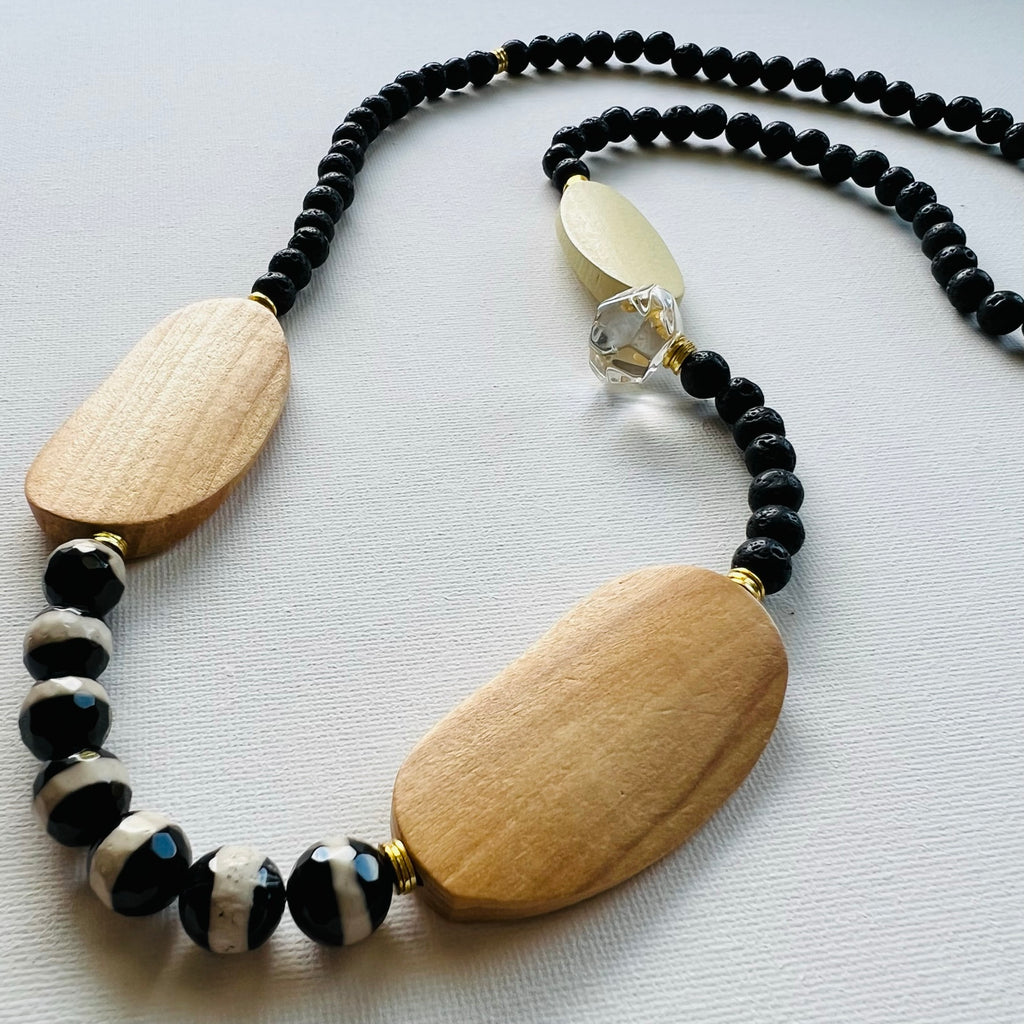 Long Chain, Black and White Beads and Bison discount Tooth Boho Necklace