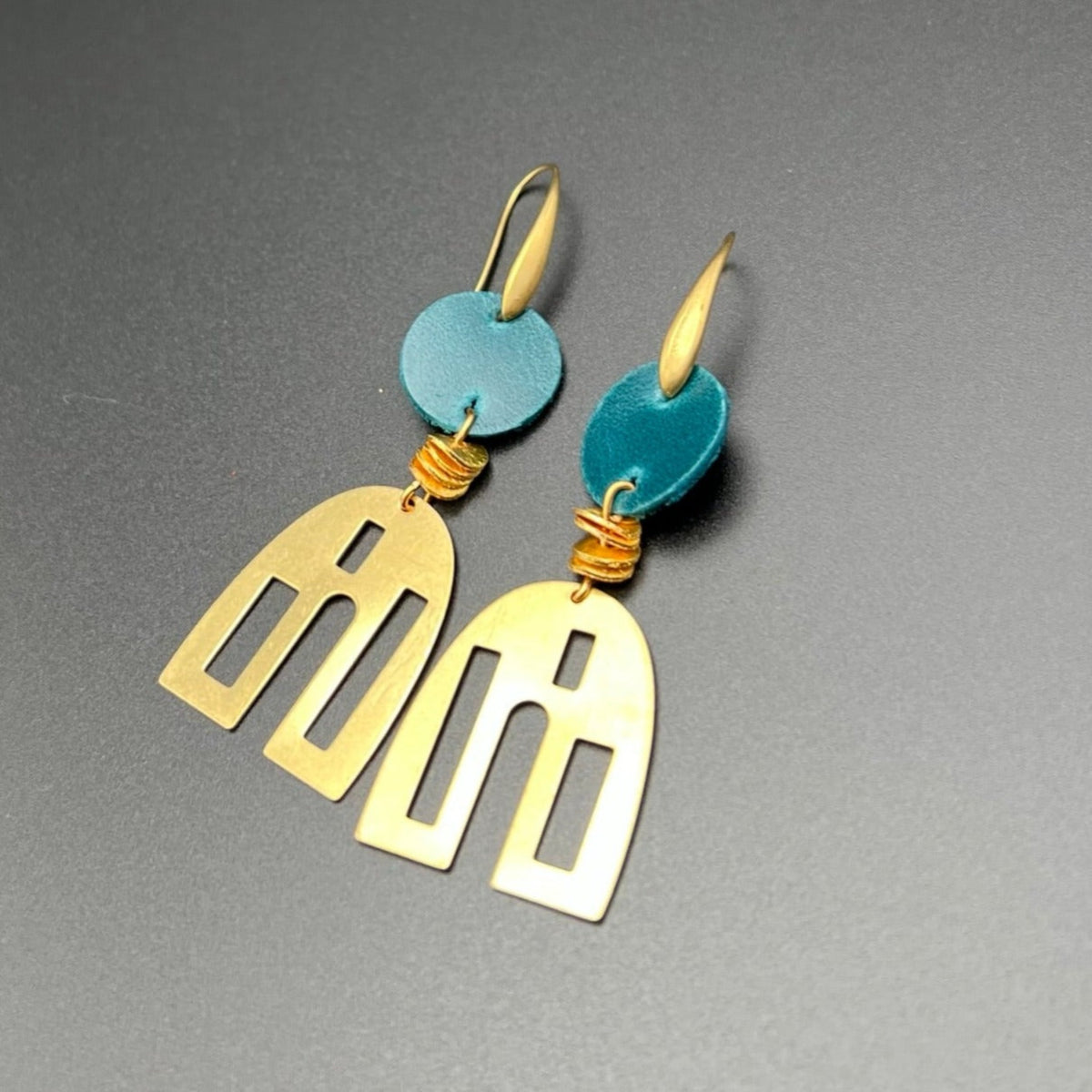 Abstract Leather and Brass Earrings