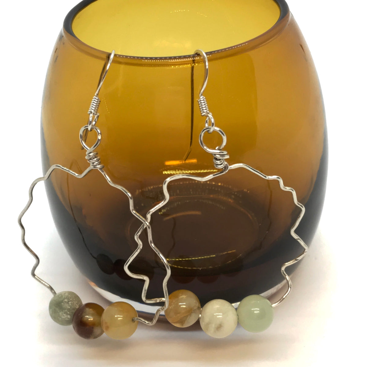 Silver Hand Shaped Ocean Jasper Wave Hoop Earrings