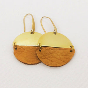 Leather and Brass Circle Earrings